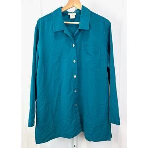 TRAVELSMITH Size L Button Front Tunic Top Collared Shirt Long Sleeve Teal Green